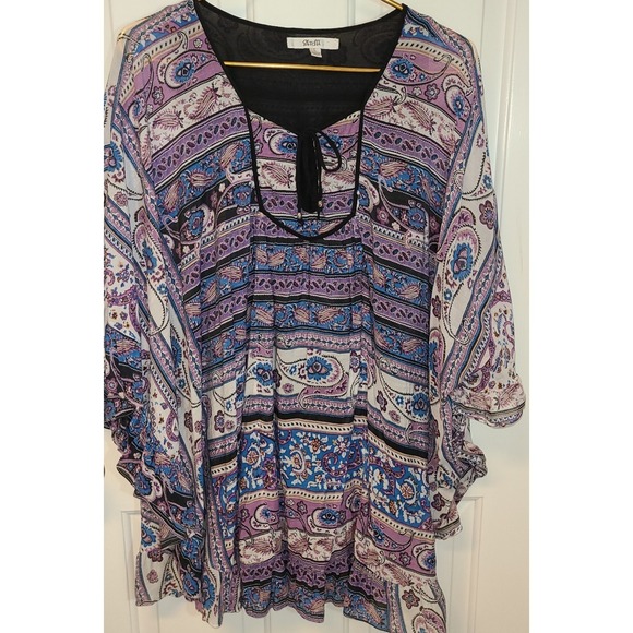Analili Tops - Analili Bohemian dolman sleeve tunic top blue and purple paisley floral Large